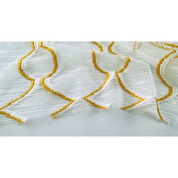 Vintage 70s curtain, yellow/orange embroidered groovy pattern, net panel - Picture 7 of 10